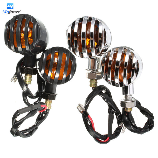 One Pair 12V 5W Chrome/Black Plastic Amber Motorcycle Grill Bullet Indicator Turn Signal Lights For Harley